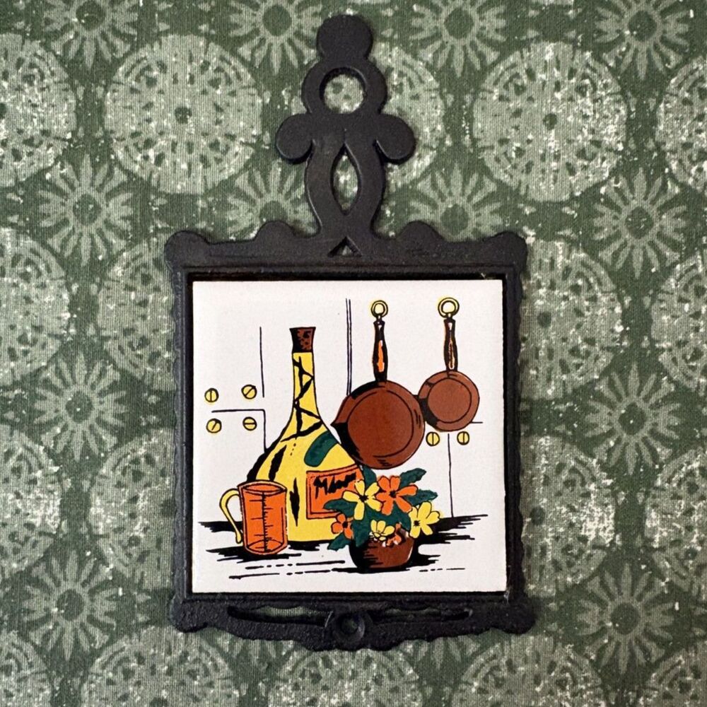 Vintage Tile Trivet, Retro Black Cast Iron